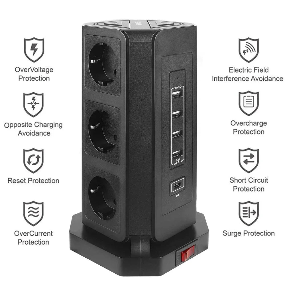 MELERY EU Vertical Space - Saving Tower Power Strip – 9 AC Sockets & 5 USB Ports