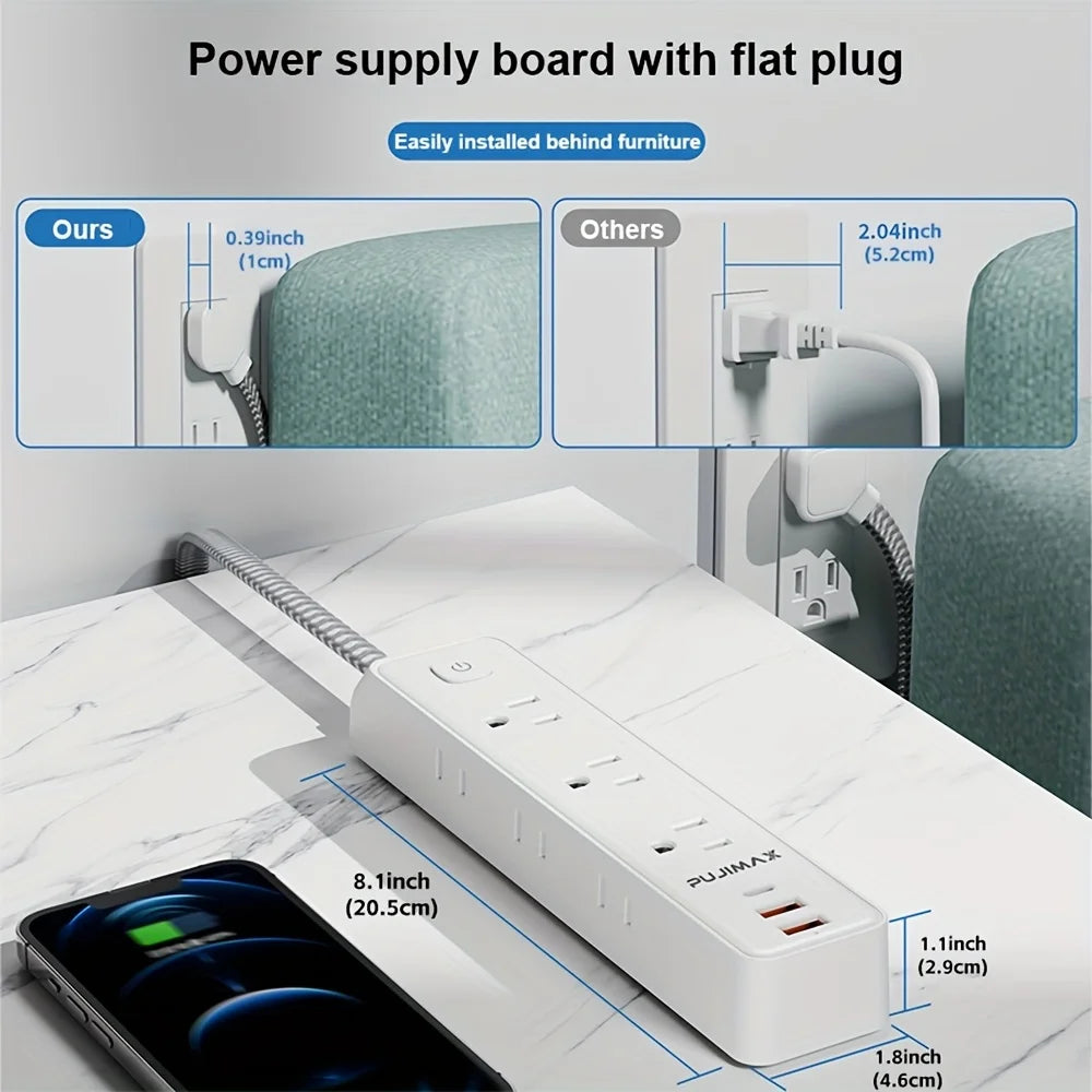 PUJIMAX US version 1.5-meter woven cable power board, featuring 2 USB ports, 1 Type-C port, and 6 AC socket ports
