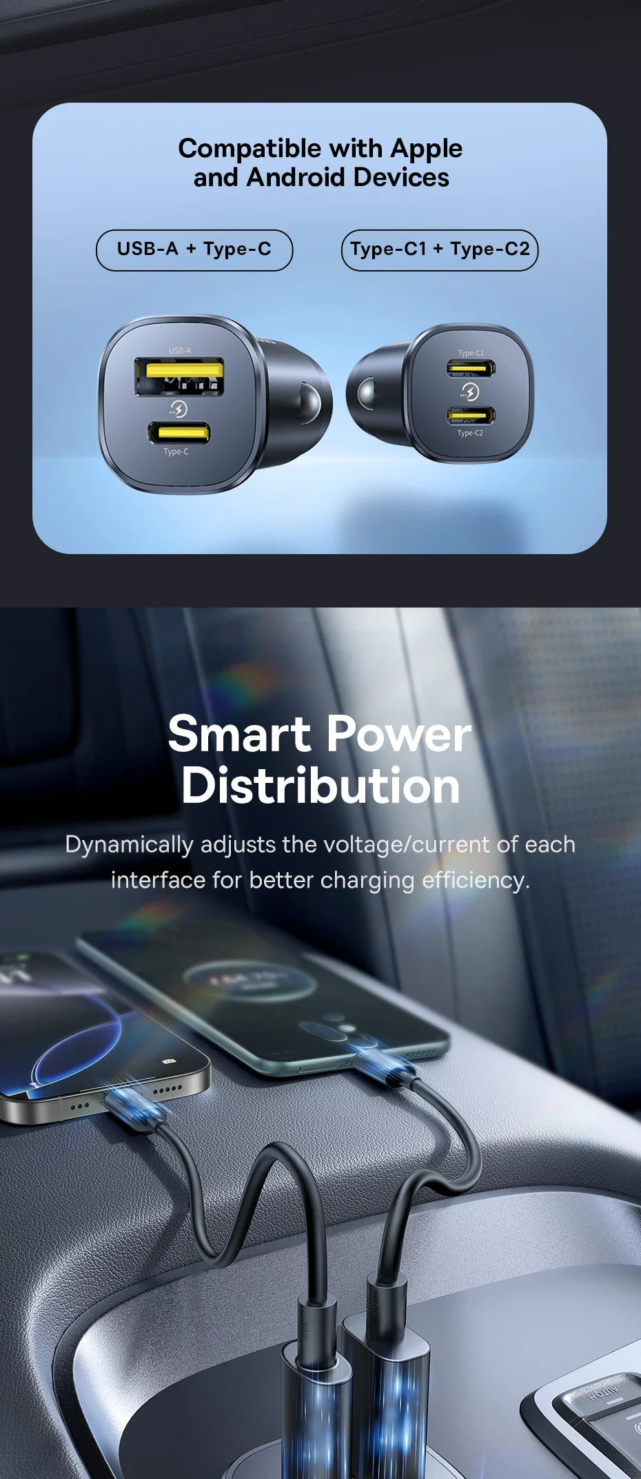 Baseus 30W Car Charger Fast Charging Dual Port USB Type-C PD QC FCP AFC For iPhone 16 15 Samsung S24 S25 Xiaomi Huawei Tablet