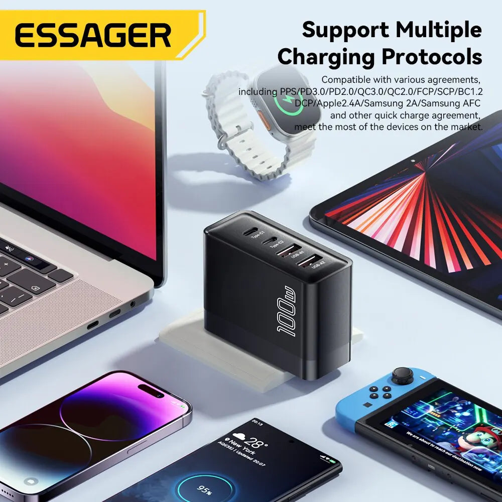 Essager 100W GaN USB-C Quick Charger – PD & QC for iPhone, Xiaomi, MacBook