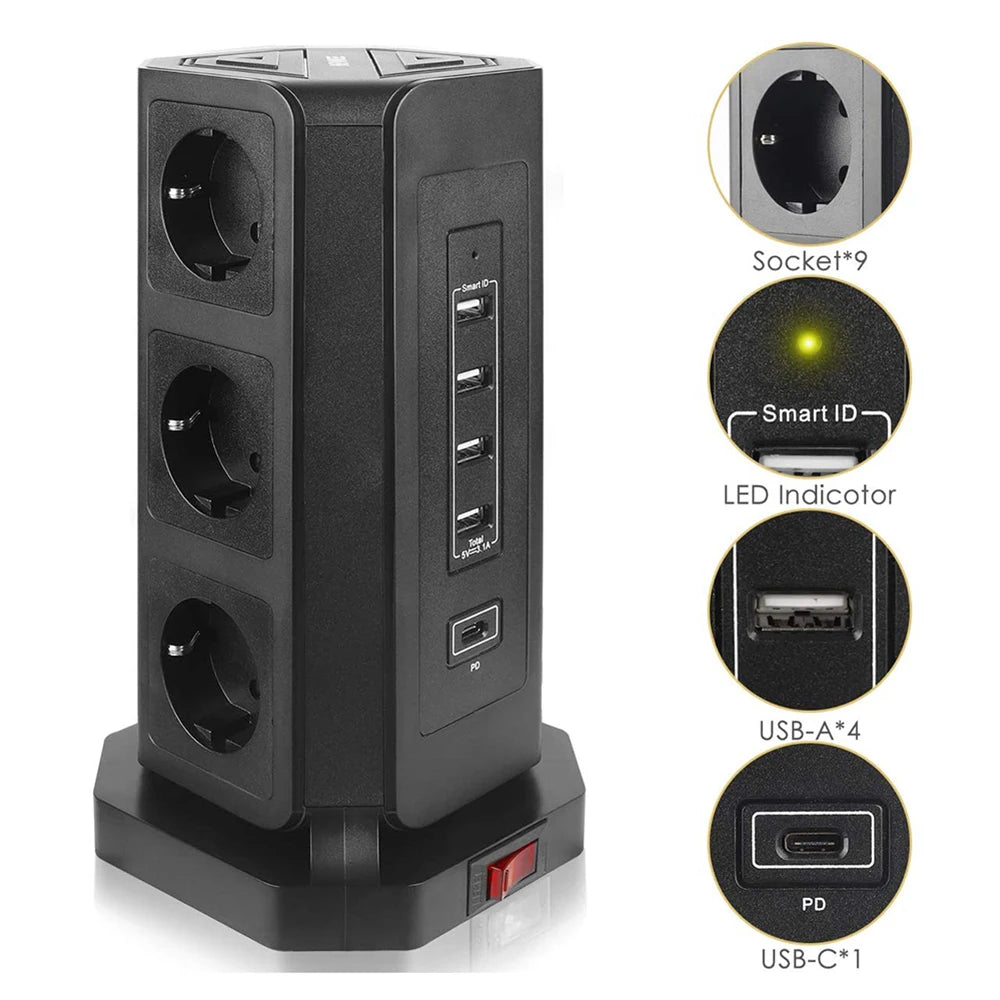 MELERY EU Vertical Space - Saving Tower Power Strip – 9 AC Sockets & 5 USB Ports