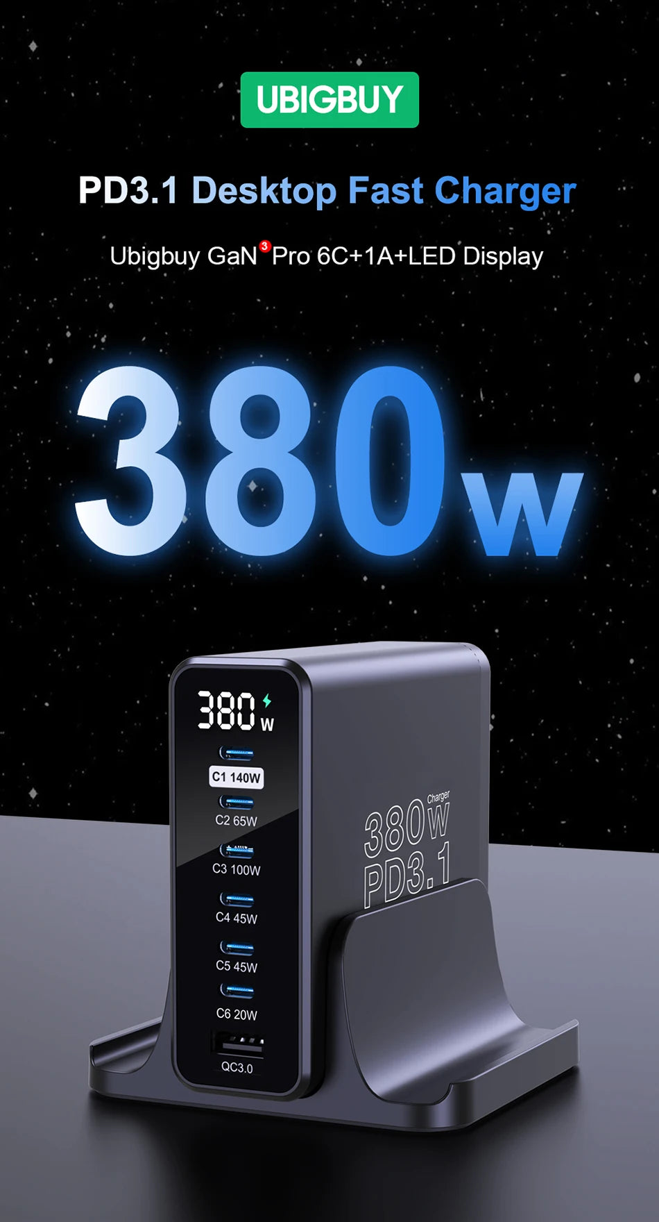 Ubigbuy 380W GaN USB C Charger PD 3.1 140W 100W PPS 45W Fast Charging Station LCD Display for iPhone 15 Samsung MacBook Pro/Air