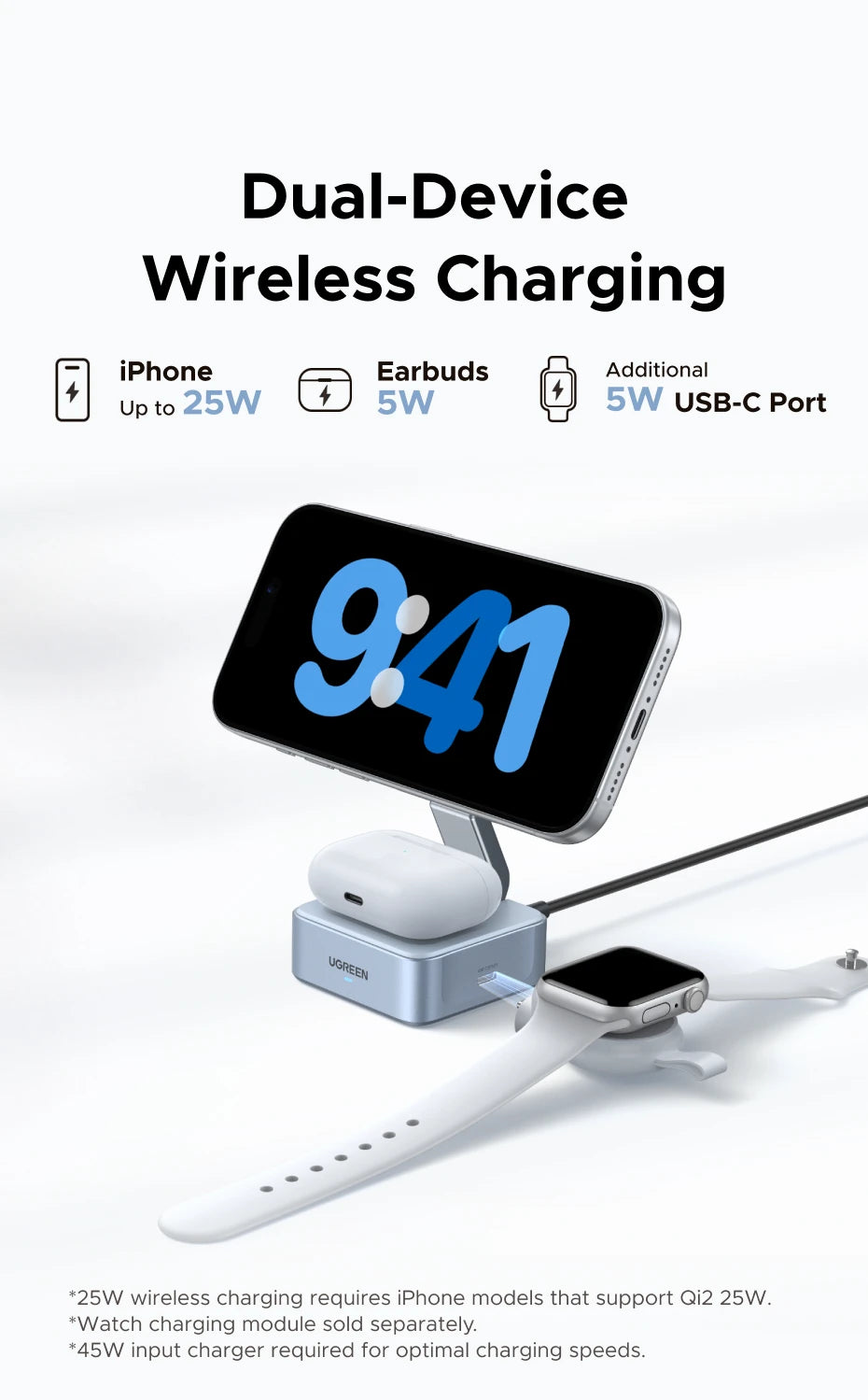 UGREEN Qi2 25W 15W Magnetic 2-in-1 Wireless Charger Stand Fast Charging Stand Magsafe Charger For iPhone 16 17 Series