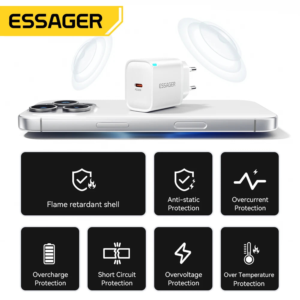 Essager 30W Type-C Charger PD 3.0 USB C Charger For iPhone 16 15 14 Pro Samsung Huawei  Xiaomi Tablet iPad Air Pro Phone Charger