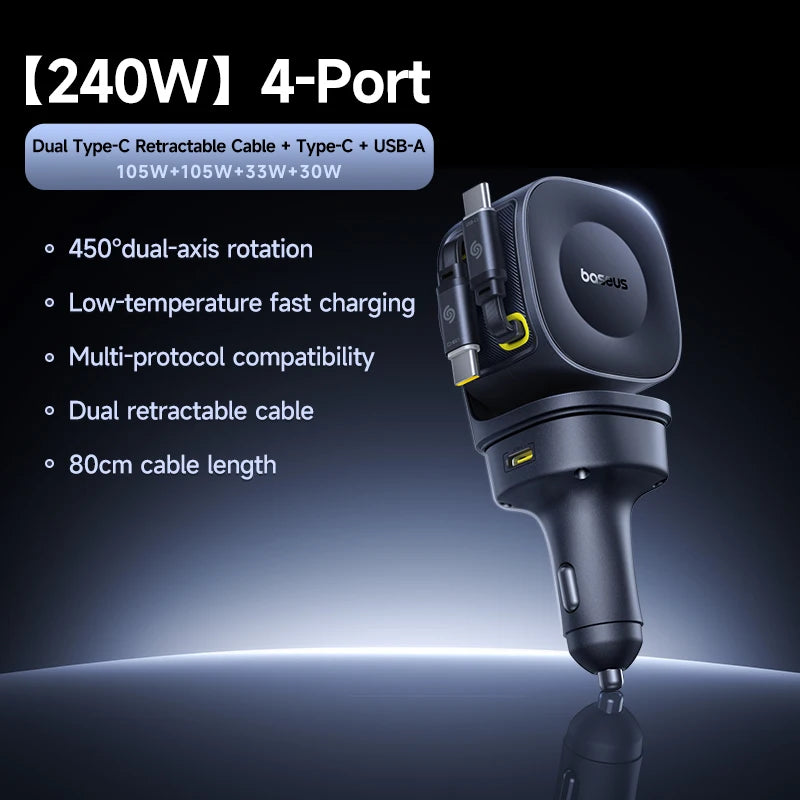 Baseus 240W Car Charger – 4-Port Fast Charging Adapter with Retractable USB-C Cable