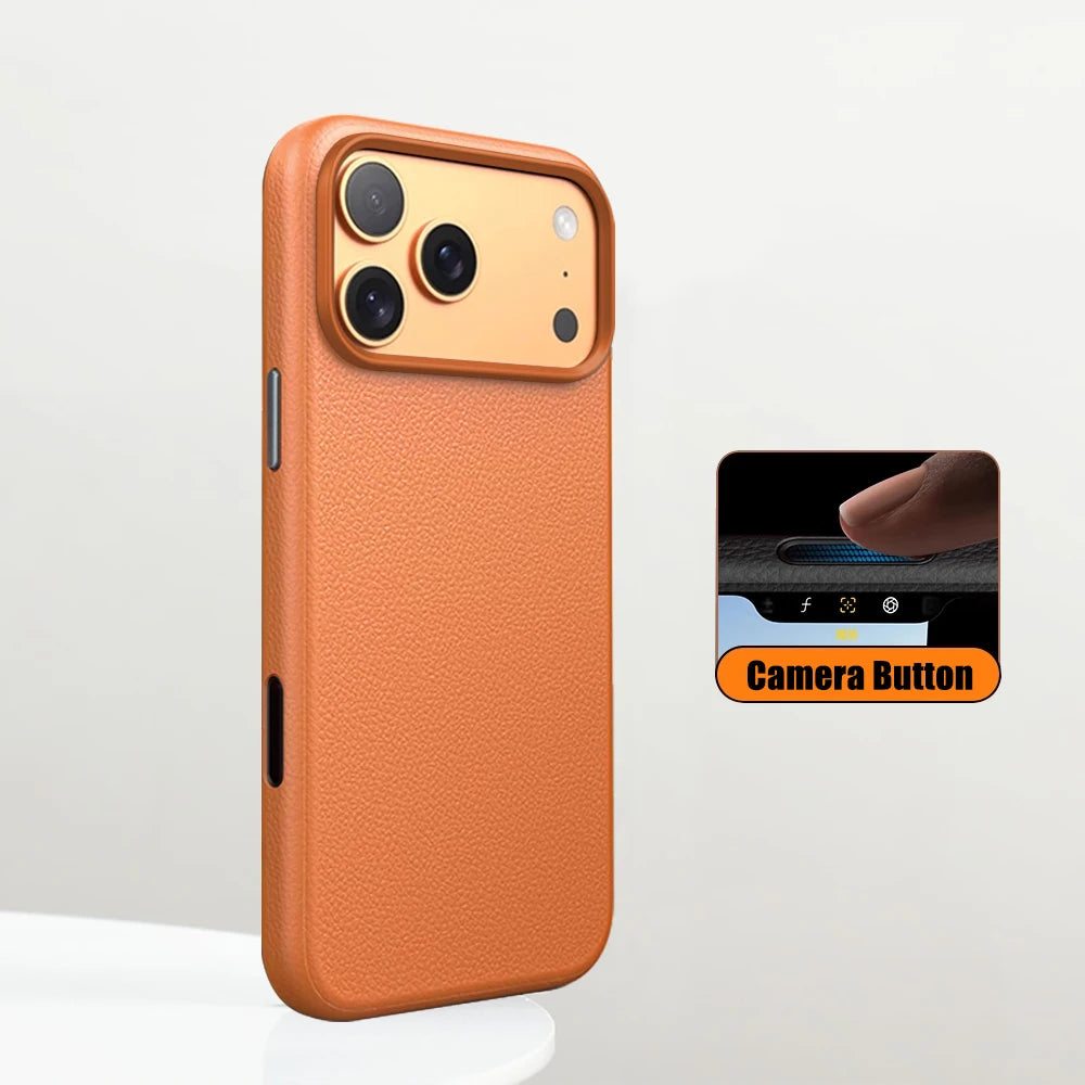 Luxury Business Metal Camera PU Leather Magnetic Case for iPhone 15–17 Series – MagSafe Wireless Protective Cover