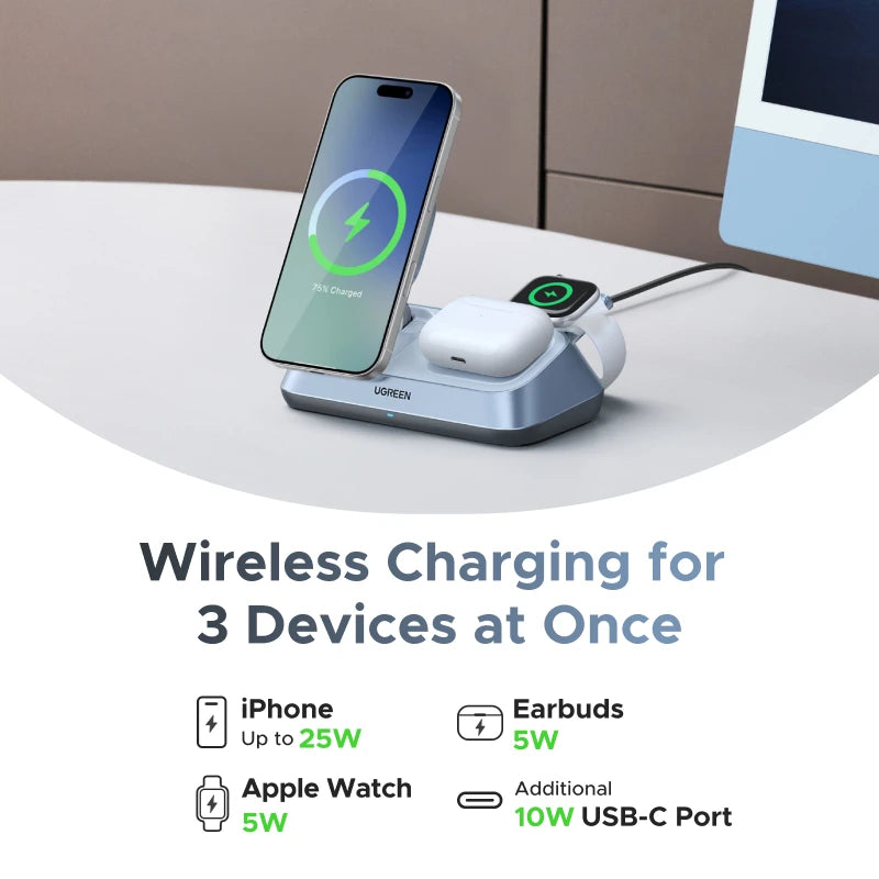 UGREEN 25W Qi2 3-in-1 Wireless Charger for iPhone & AirPods