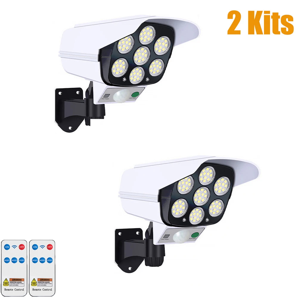 Outdoor Motion Sensor Solar Lights 77 LED FloodLight Waterproof Wireless Dummy Decoy Fake Security Camera for Porch Garden Patio