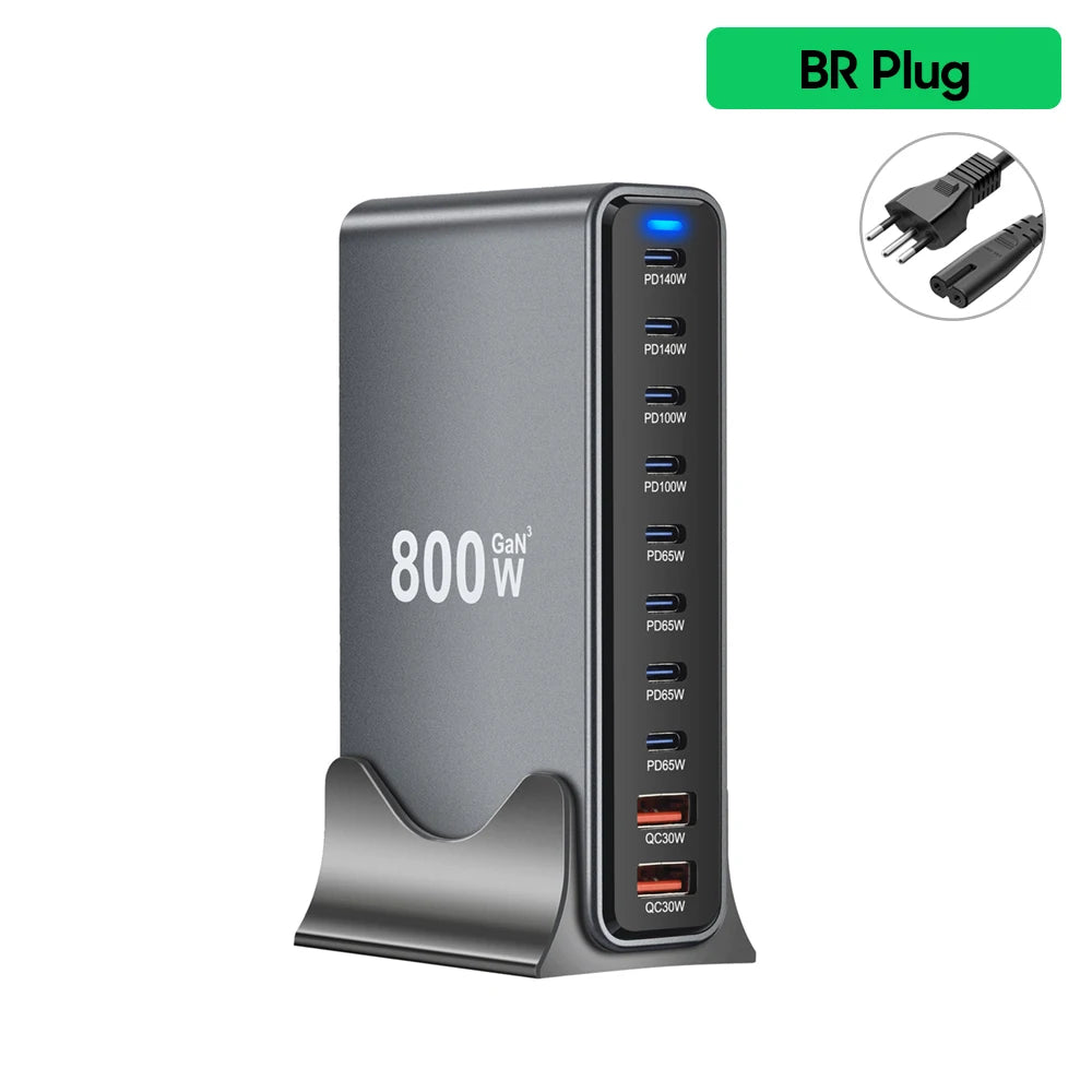 800W GaN 10-Port USB-C Fast Desktop Charger – PD3.1 for iPhone, Samsung & Laptop