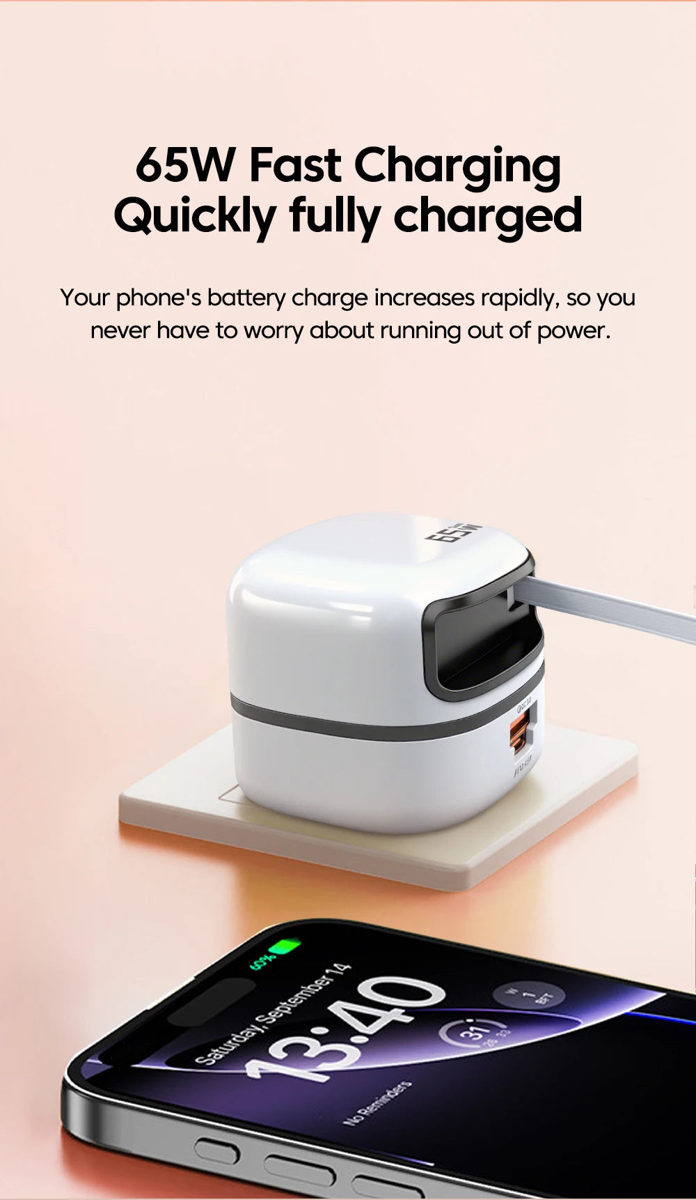 65W USB Type-C Travel Charger – Fast Charging for iPhone, Samsung & Laptops