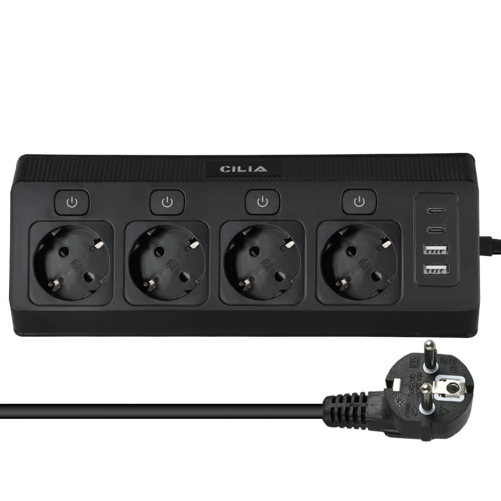 CILIA EU Power Strip 4 Schuko 2 USB C 1 USB A, 3680W 16A Surge Protection with Switch LED, 1 5m Cable for Home