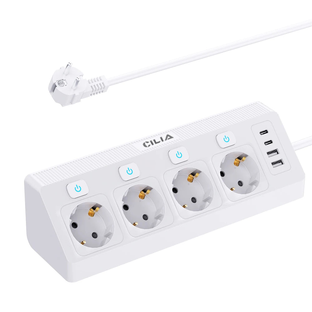 CILIA EU Power Strip 4 Schuko 2 USB C 1 USB A, 3680W 16A Surge Protection with Switch LED, 1 5m Cable for Home