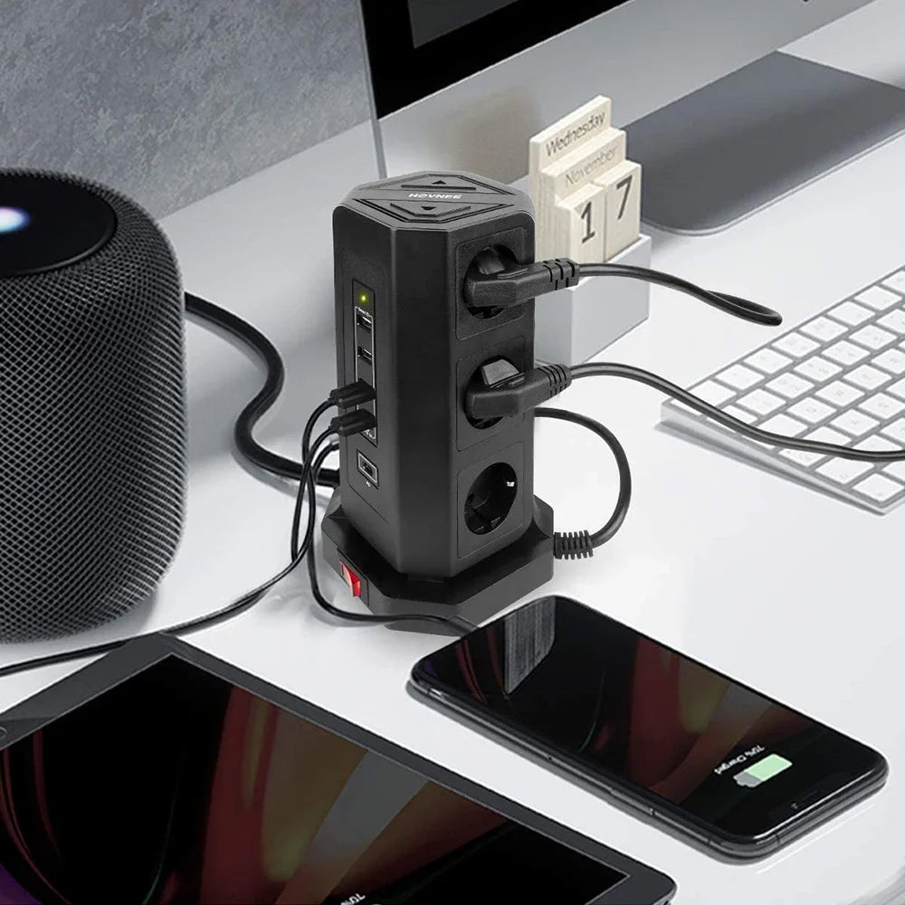 MELERY EU Vertical Space - Saving Tower Power Strip – 9 AC Sockets & 5 USB Ports