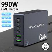990W GaN Desktop Charging Station – 6-Port Fast Charger with 4 USB-C & 2 USB-A Ports