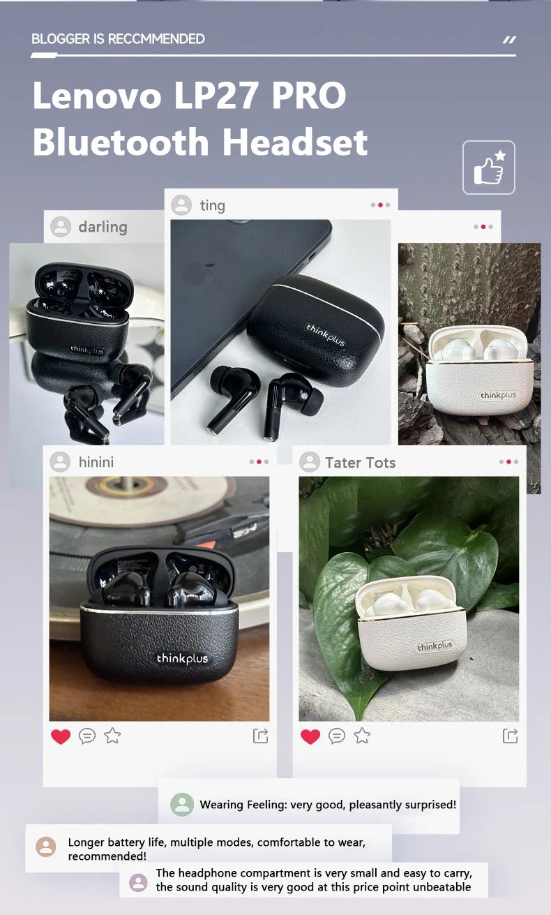 Lenovo LP27 Pro Bluetooth Earphones HIFI Stereo Sound Call Noise Reduction Wireless Headset Long Endurance Earbud Leather Design