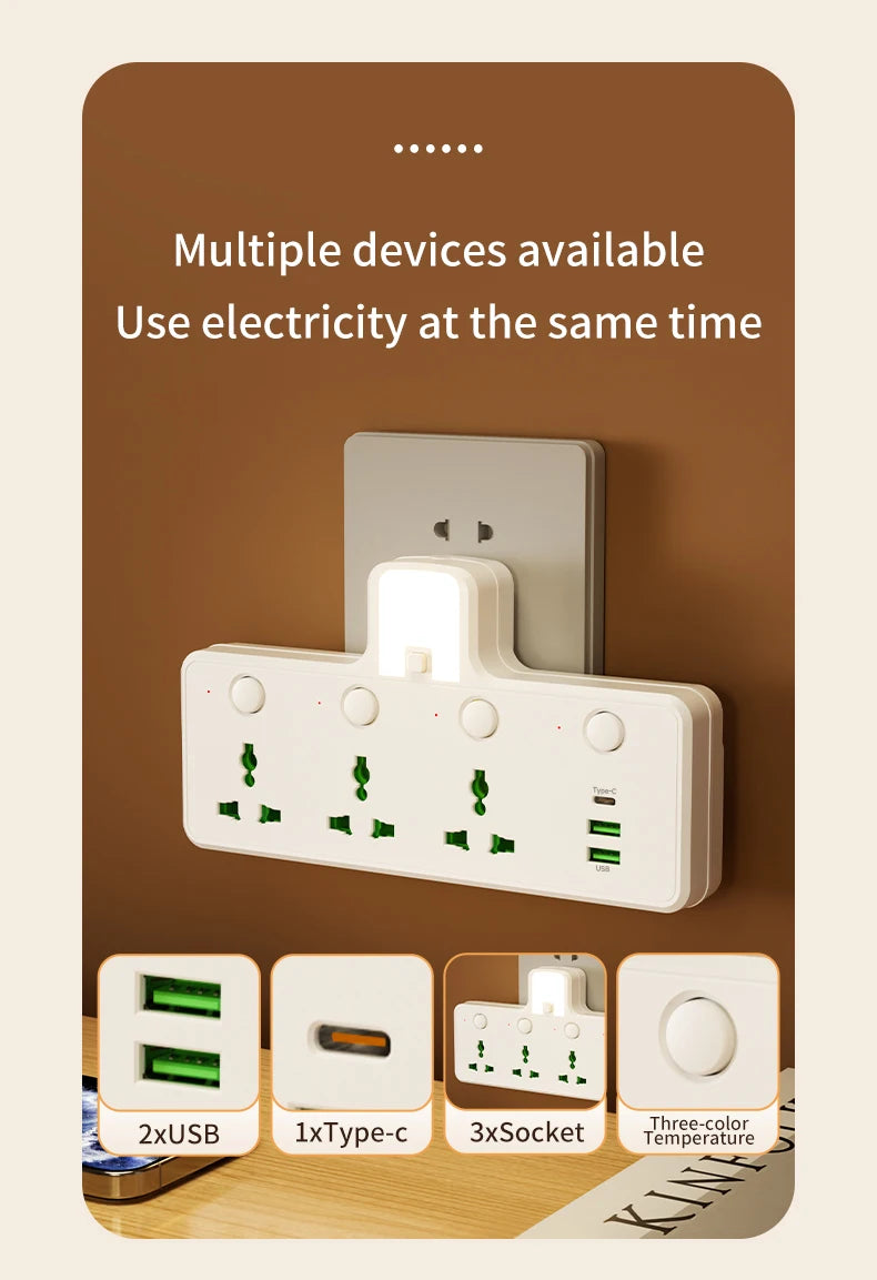 7-in-1 EU US UK AU Power Strip, Independent switch socket Power Strip 3 AC Outlets 2 USB 1 Type-C, Equipped USB charging adapter
