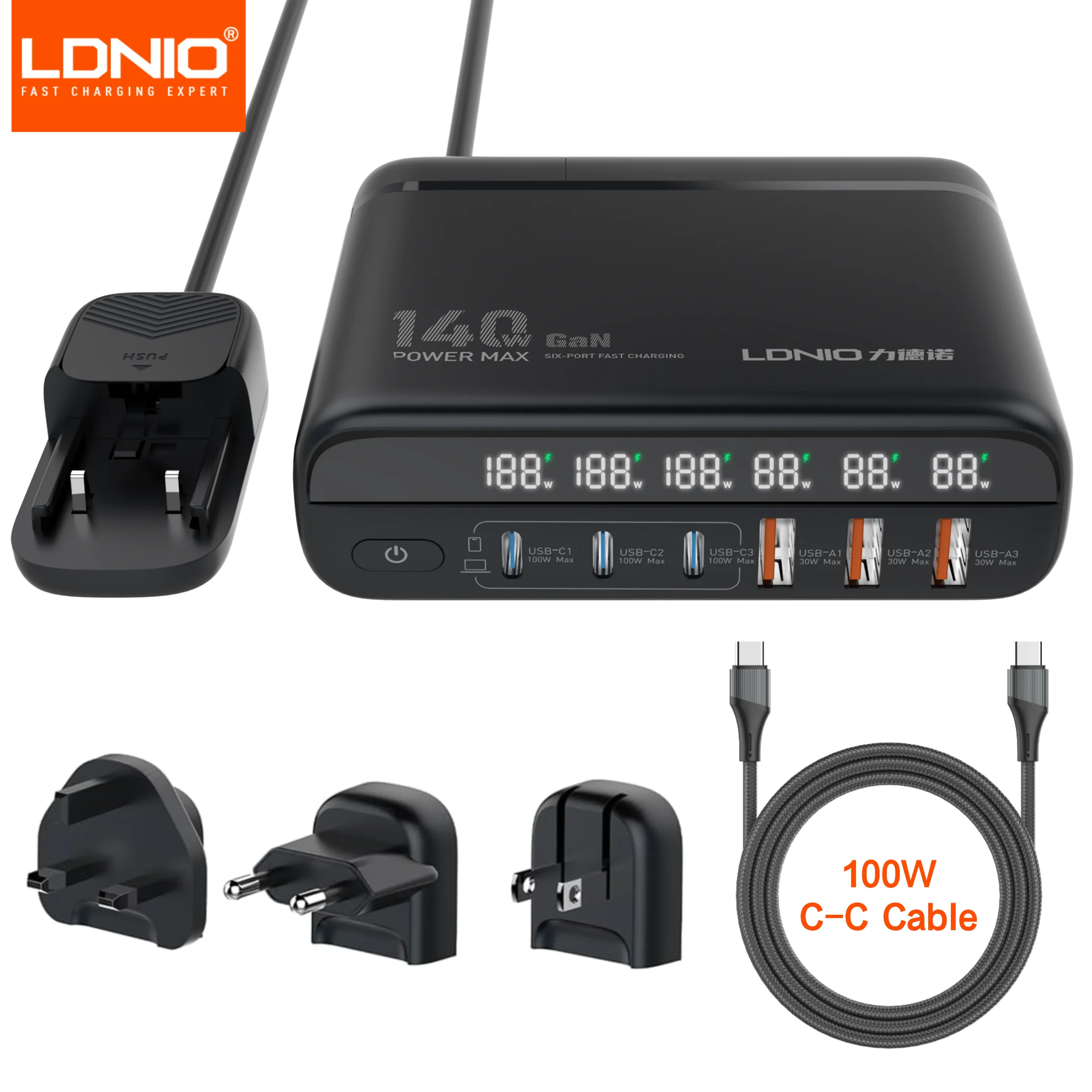 LDNIO 140W GaN International Travel Adapter – Universal AU/US/UK/EU Plug with 100W USB-C Fast Charging & LED Display