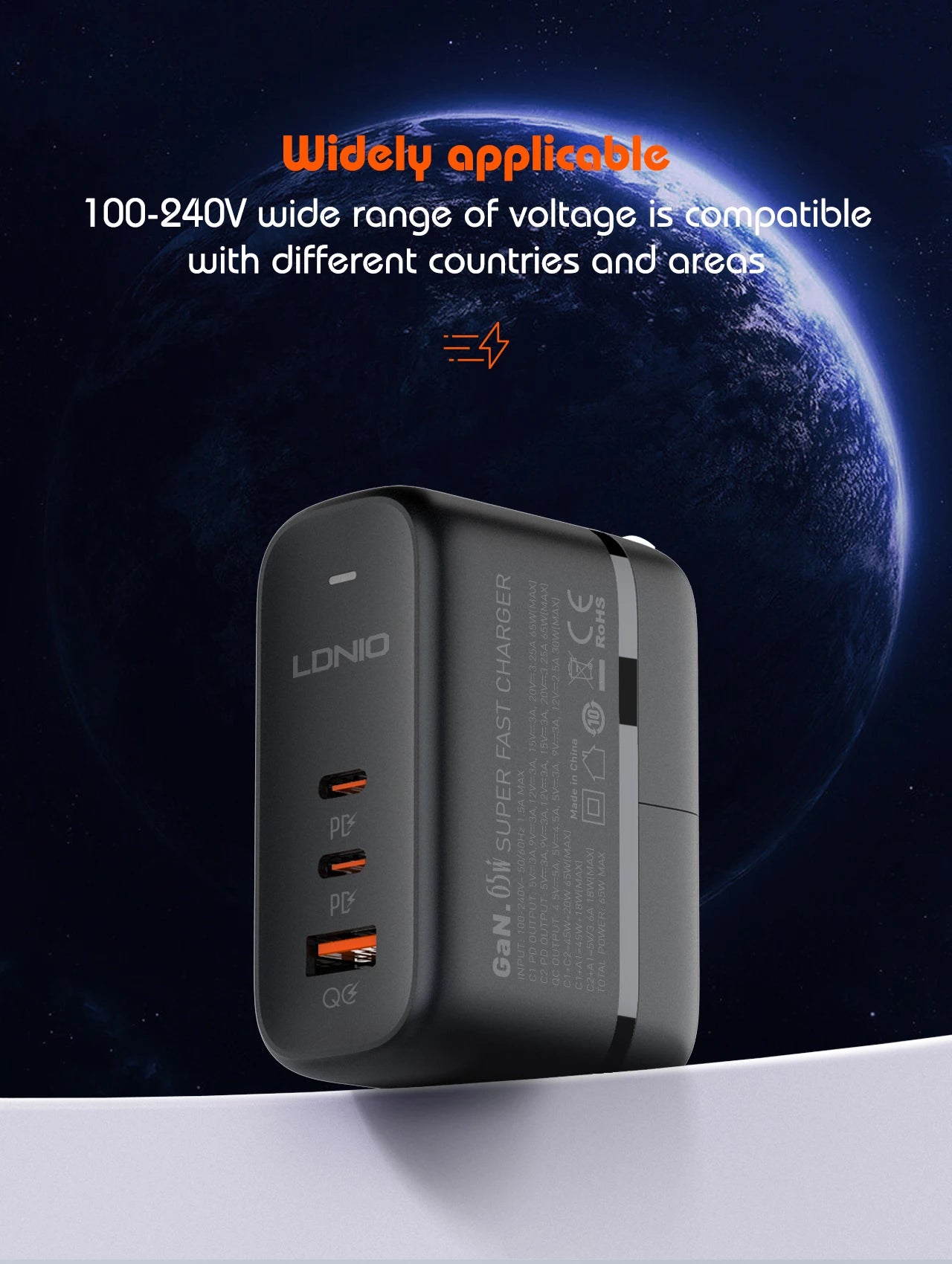 LDNIO 65W GaN USB-C Travel Charger – 3-Port PD/QC Wall Charger with EU/UK/US/AU Adapter