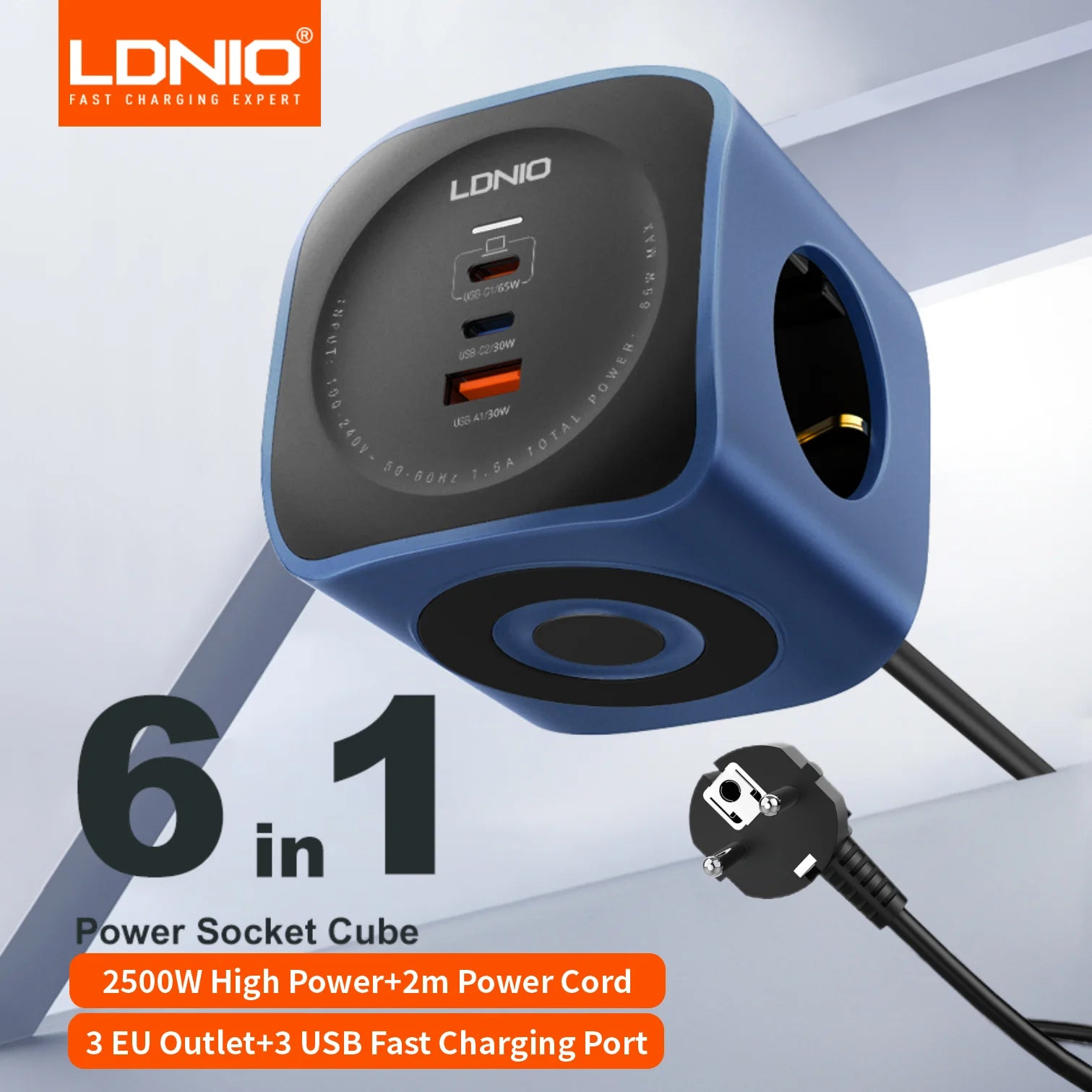 LDNIO 65W Power Cube Charging Station – 3 AC Outlets, USB-C Fast Charging & 2M Extension Cord