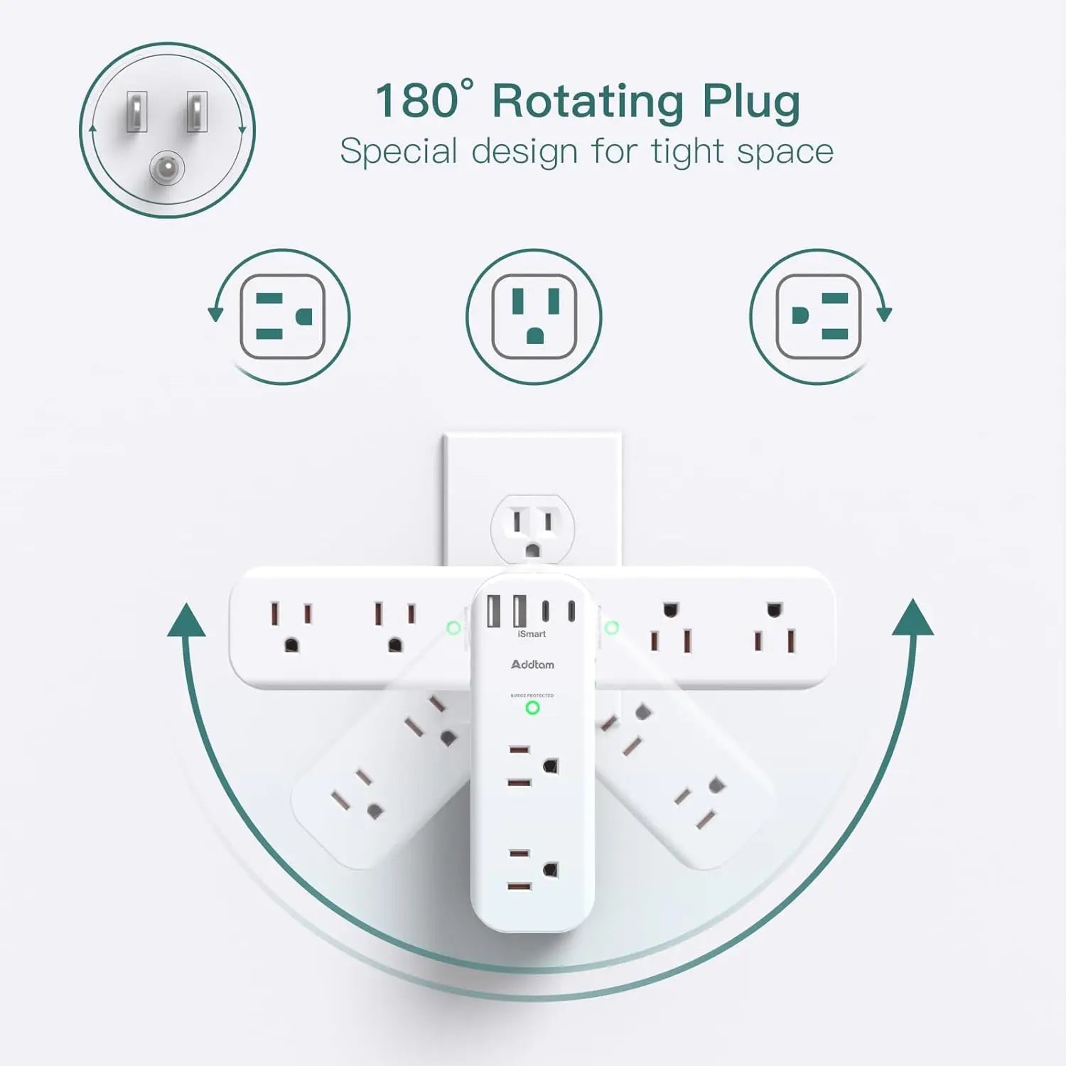 180-degree rotating plug with multiple outlets on a white background