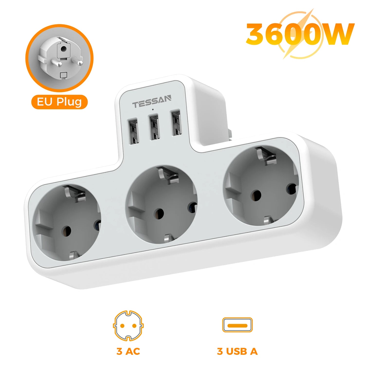 TESSAN Multiple Wall Socket with 3 AC Outlets Charging Ports EU Plug Wall Power Strip with Overload Protection 3fach Stecker Eu