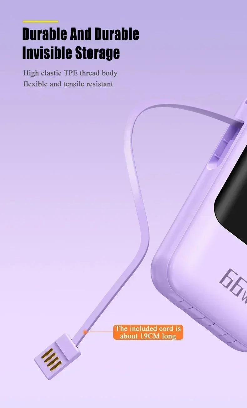 66W 30000mAh Portable Power Bank with Built-in Cables