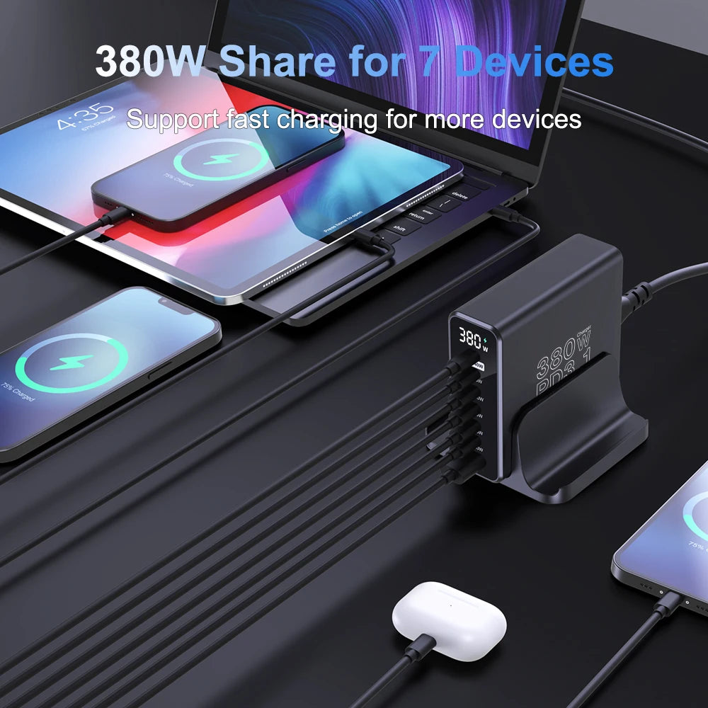 Ubigbuy 380W GaN USB C Charger PD 3.1 140W 100W PPS 45W Fast Charging Station LCD Display for iPhone 15 Samsung MacBook Pro/Air