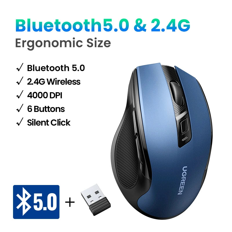 UGREEN Ergonomic Wireless Mouse – 6 Buttons, 2.4G/BT Dual Mode, 4000 DPI