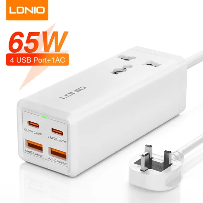 LDNIO SC1418 65W Power Strip – PD Fast Charging Station with 2M Extension Cable & 4 USB Ports