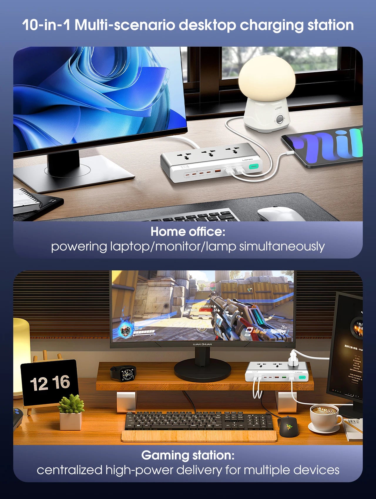 LDNIO 100W Desktop Power Strip – Universal AC Outlet with 65W USB-C Fast Charging & 2500W Power Station