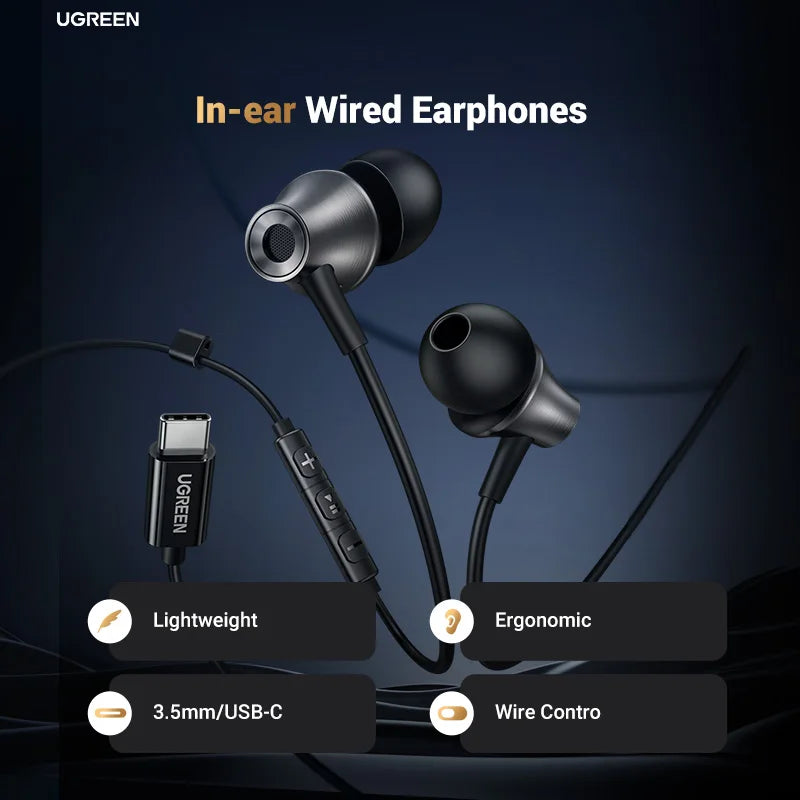 UGREEN 3.5mm & USB-C Wired Earbuds with Mic – HiFi Stereo