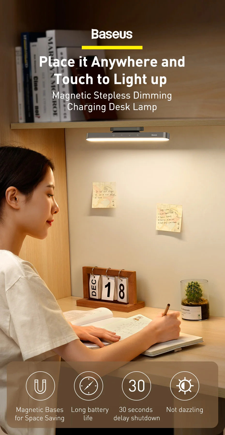 Baseus Magnetic LED Desk Lamp – Rechargeable & Dimmable Light for Modern Workspaces