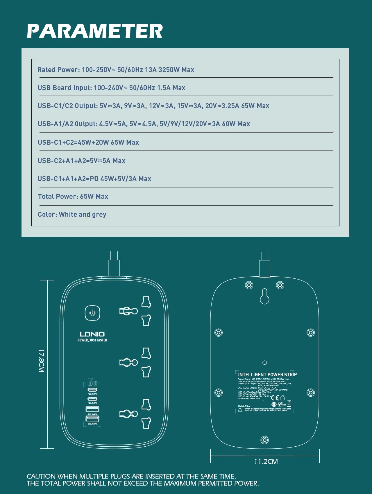 LDNIO 65W Power Strip – 3 AC Outlets & 4 USB Ports