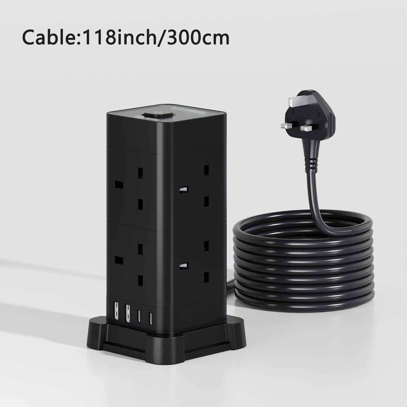 UK Power Tower Extension Lead – Multi Socket Surge Protector with USB-C & USB Charging Ports
