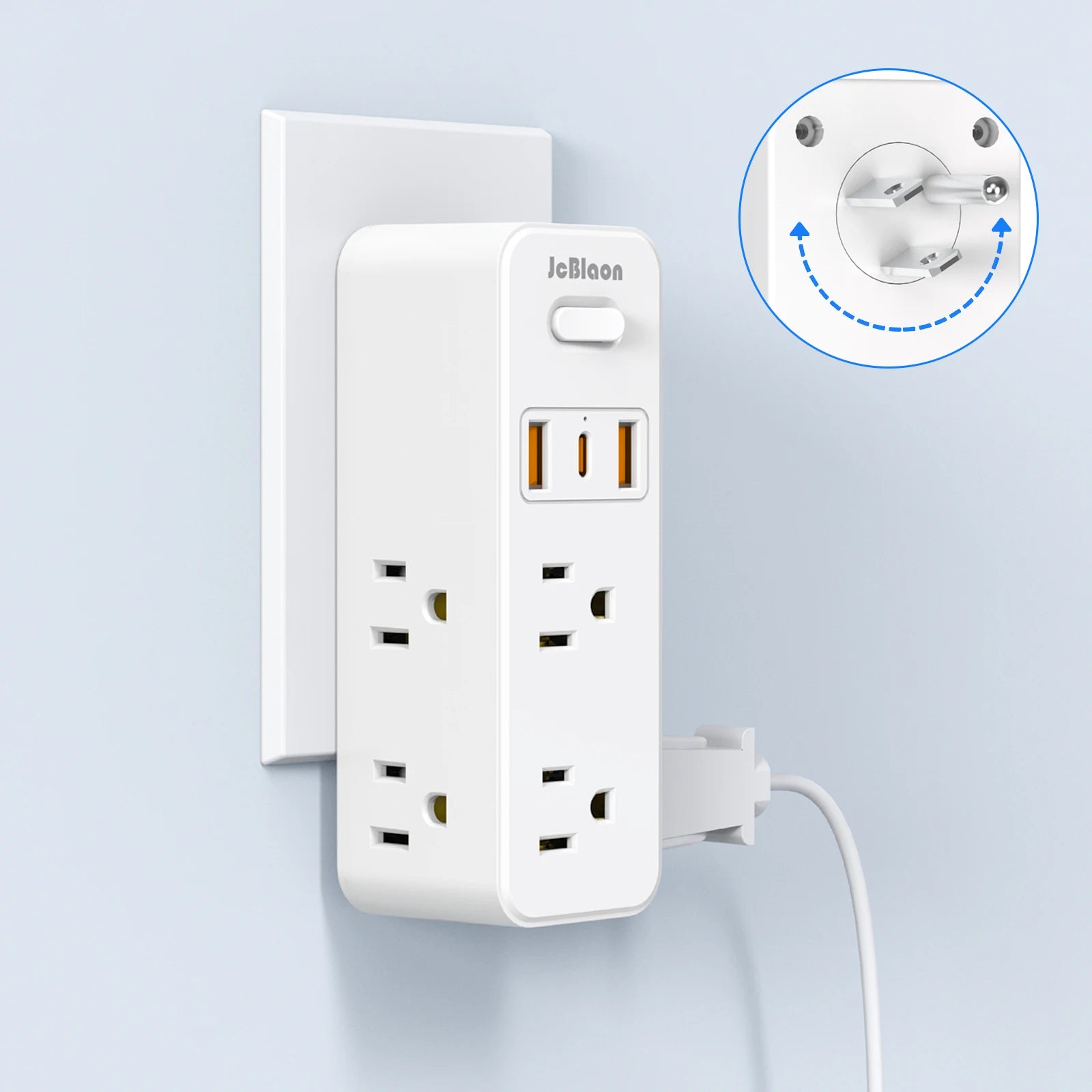 JcBlaon 360° Rotating US Power Strip – 6 AC Outlets, 3 USB Ports & 1 USB-C