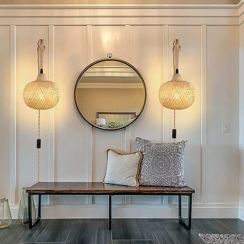 Bamboo Lantern Wall Lamp – Hand-Woven Rattan E27