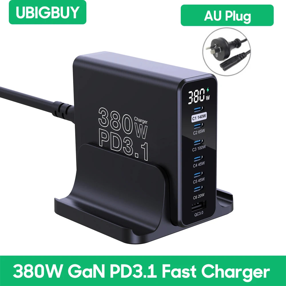 Ubigbuy 380W GaN USB C Charger PD 3.1 140W 100W PPS 45W Fast Charging Station LCD Display for iPhone 15 Samsung MacBook Pro/Air