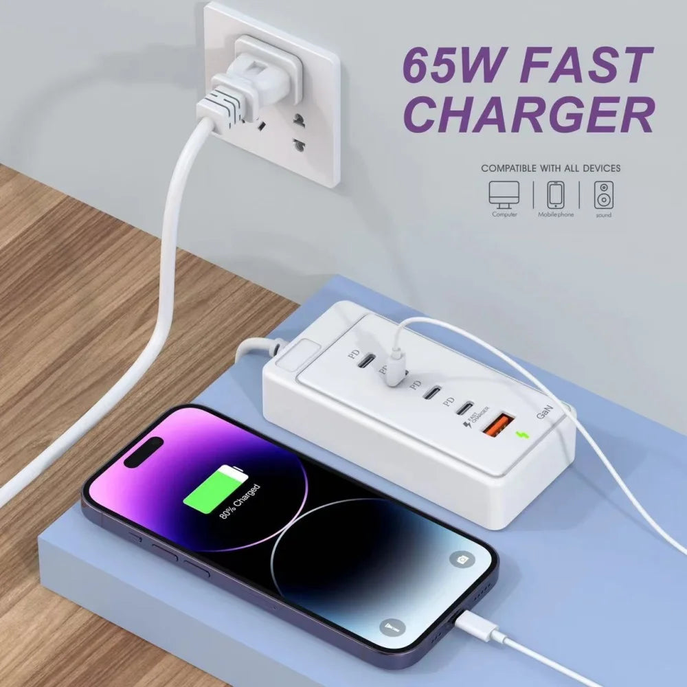 65W USB-C Fast Charging Hub – Multi-Port Wall Charger with 1M Extension Power Socket