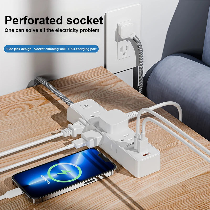 PUJIMAX Power Strip – 5ft Extension Cable with 5 AC Outlets & 3 USB Ports
