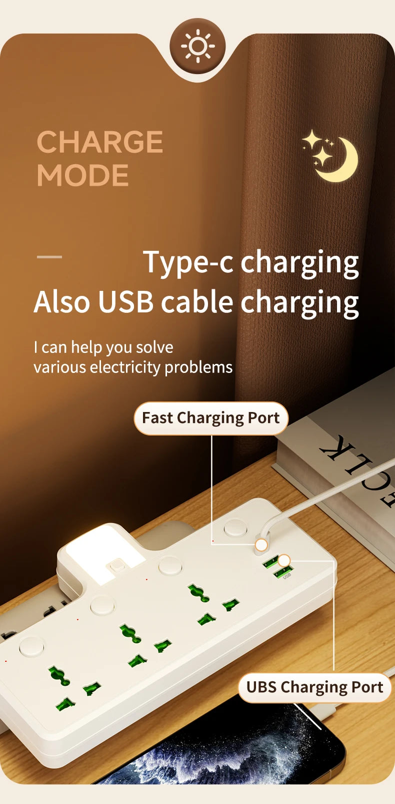 7-in-1 EU US UK AU Power Strip, Independent switch socket Power Strip 3 AC Outlets 2 USB 1 Type-C, Equipped USB charging adapter