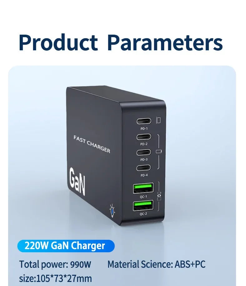 990W GaN Desktop Charging Station – 6-Port Fast Charger with 4 USB-C & 2 USB-A Ports