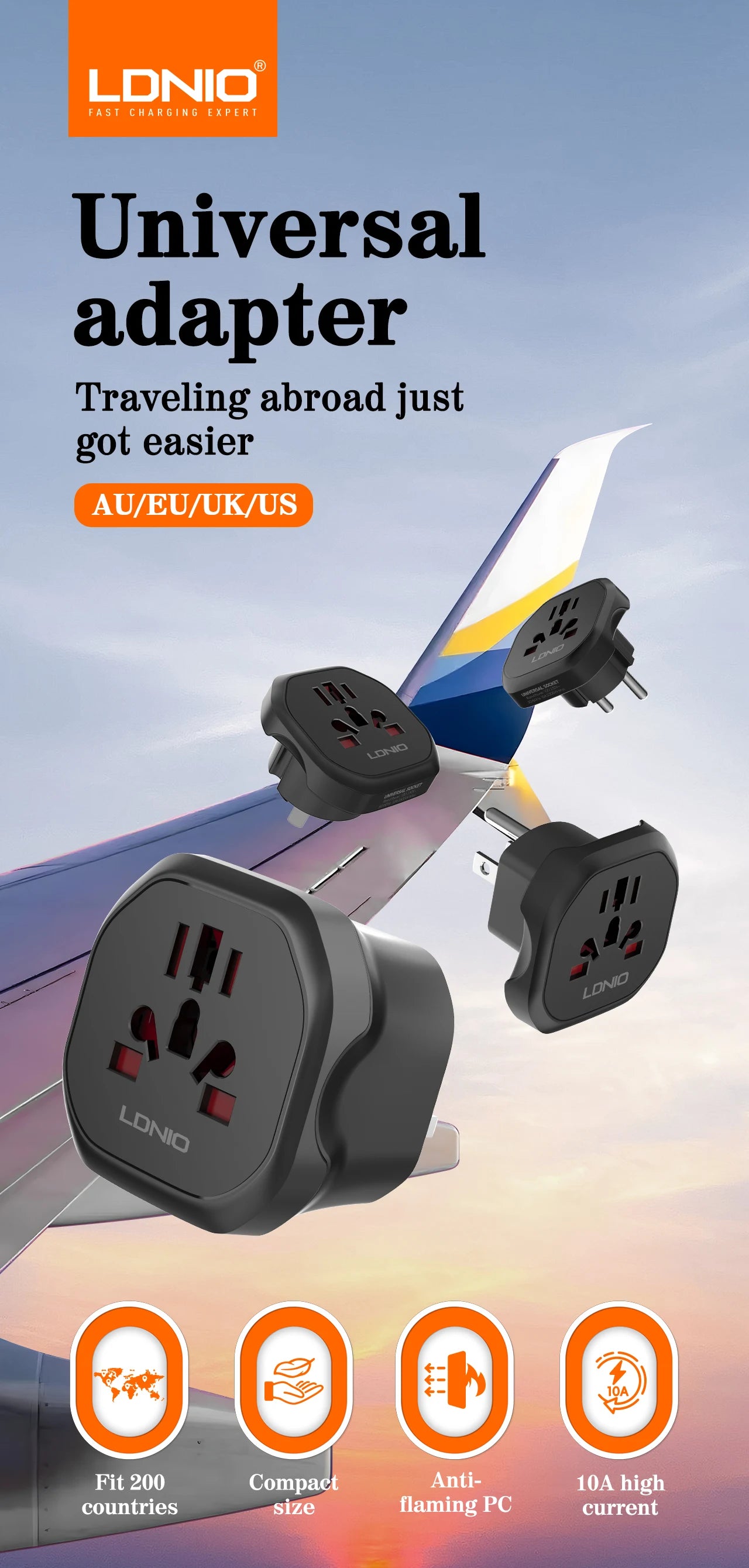 LDNIO Universal Travel Adapter – AU / UK / US / EU Plug Converter