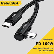 Essager 100W USB-C Cable – 90° Fast Charging & Data Wire