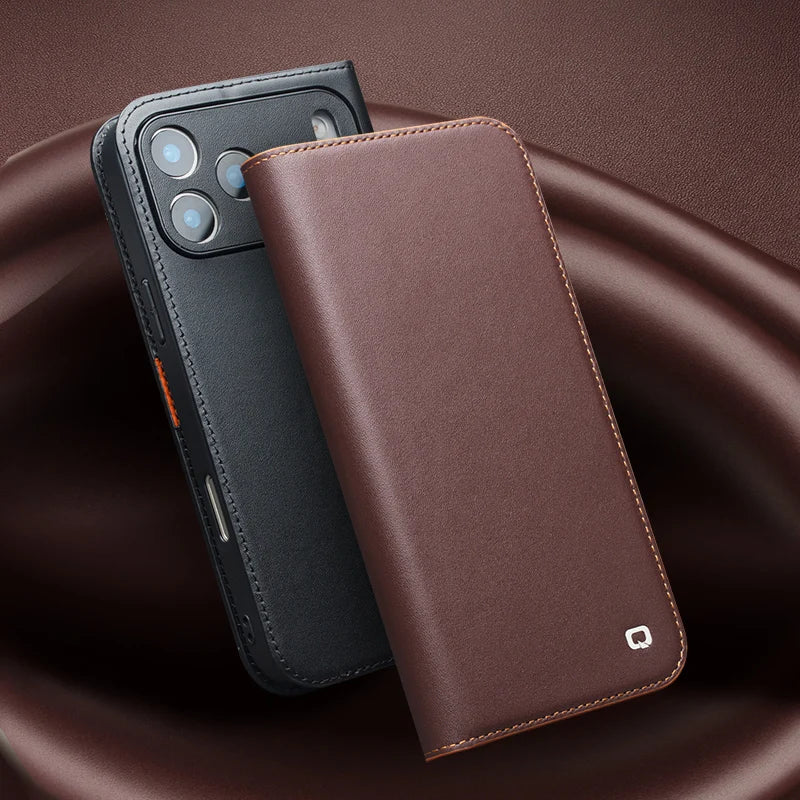 QIALINO Genuine Leather Wallet Case for iPhone 17 Pro Max – Handmade Flip Cover with Card Slots