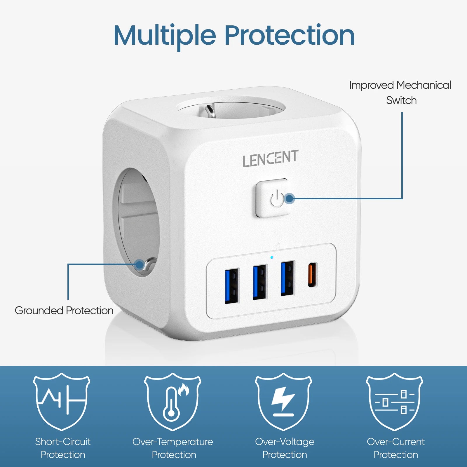 LENCENT 7-in-1 EU Power Strip – 3 AC + 3 USB + Type-C PD 35W Fast Charger
