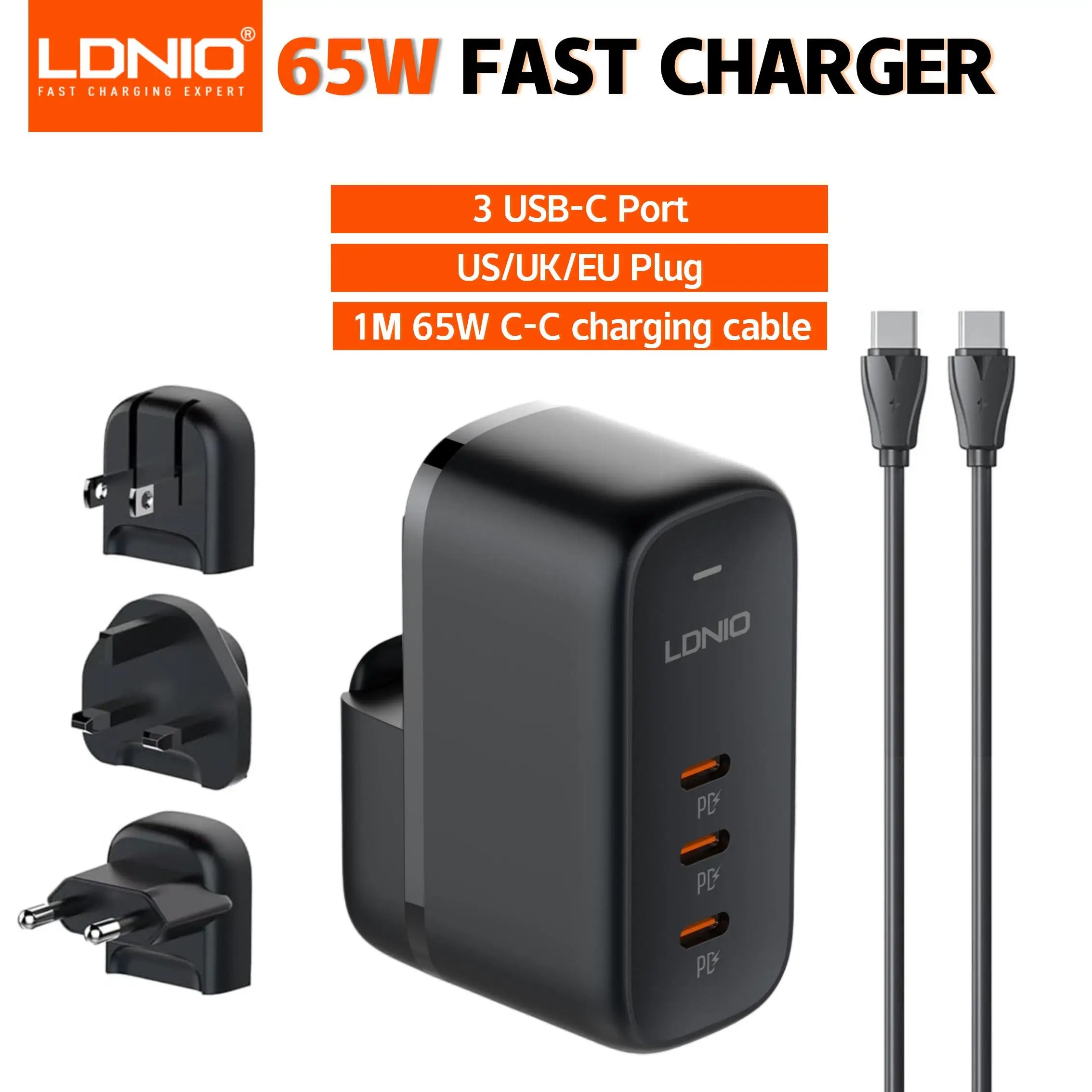 LDNIO 65W GaN USB-C Travel Charger – 3-Port PD/QC Wall Charger with EU/UK/US/AU Adapter