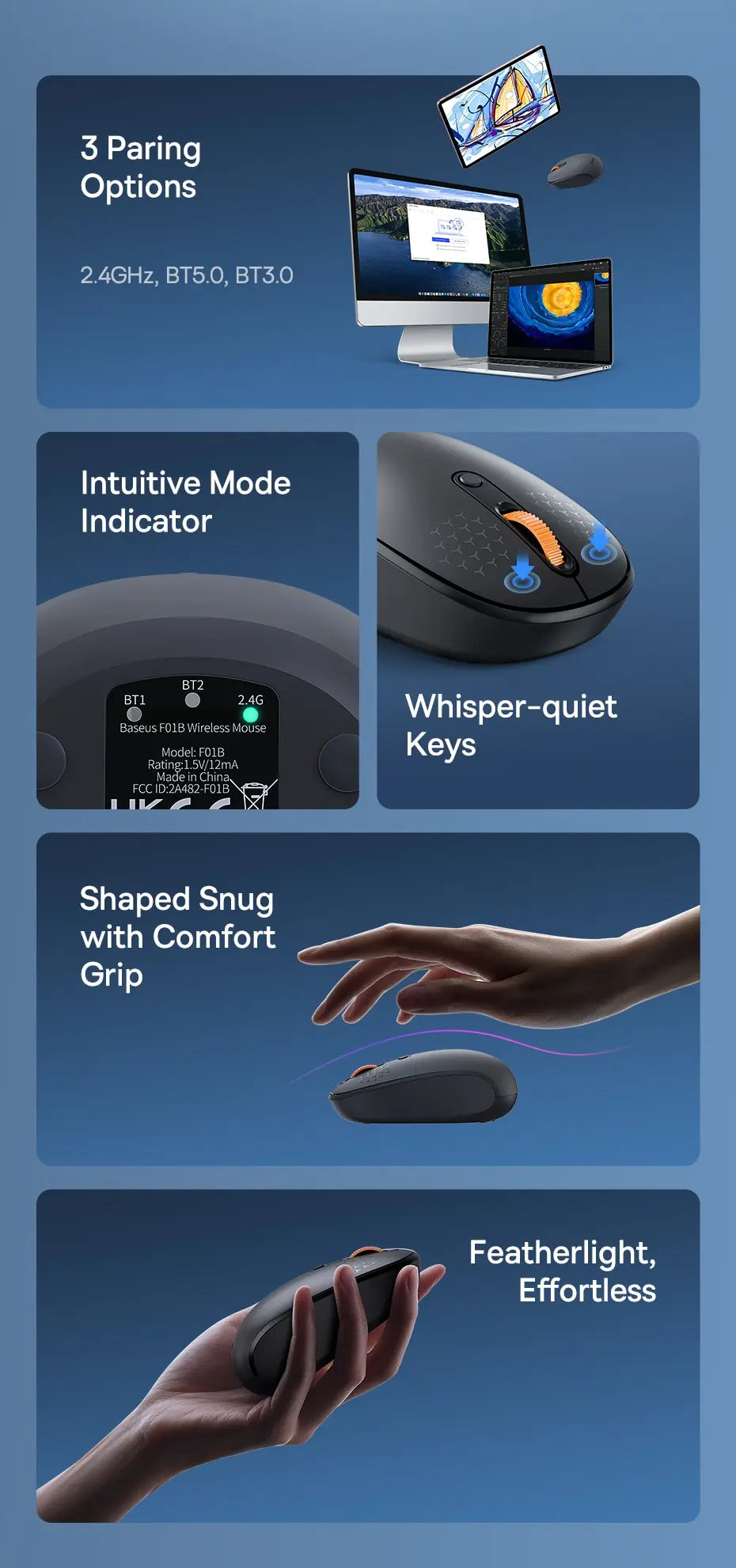 Baseus F01B Wireless Bluetooth Mouse – Silent 1600 DPI