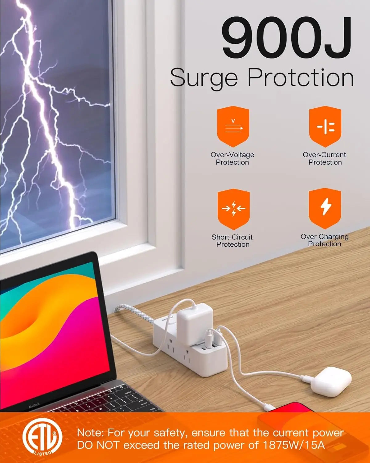 BESHON 6-Outlet Power Strip – 5ft Cord with 4 USB Ports & Surge Protection
