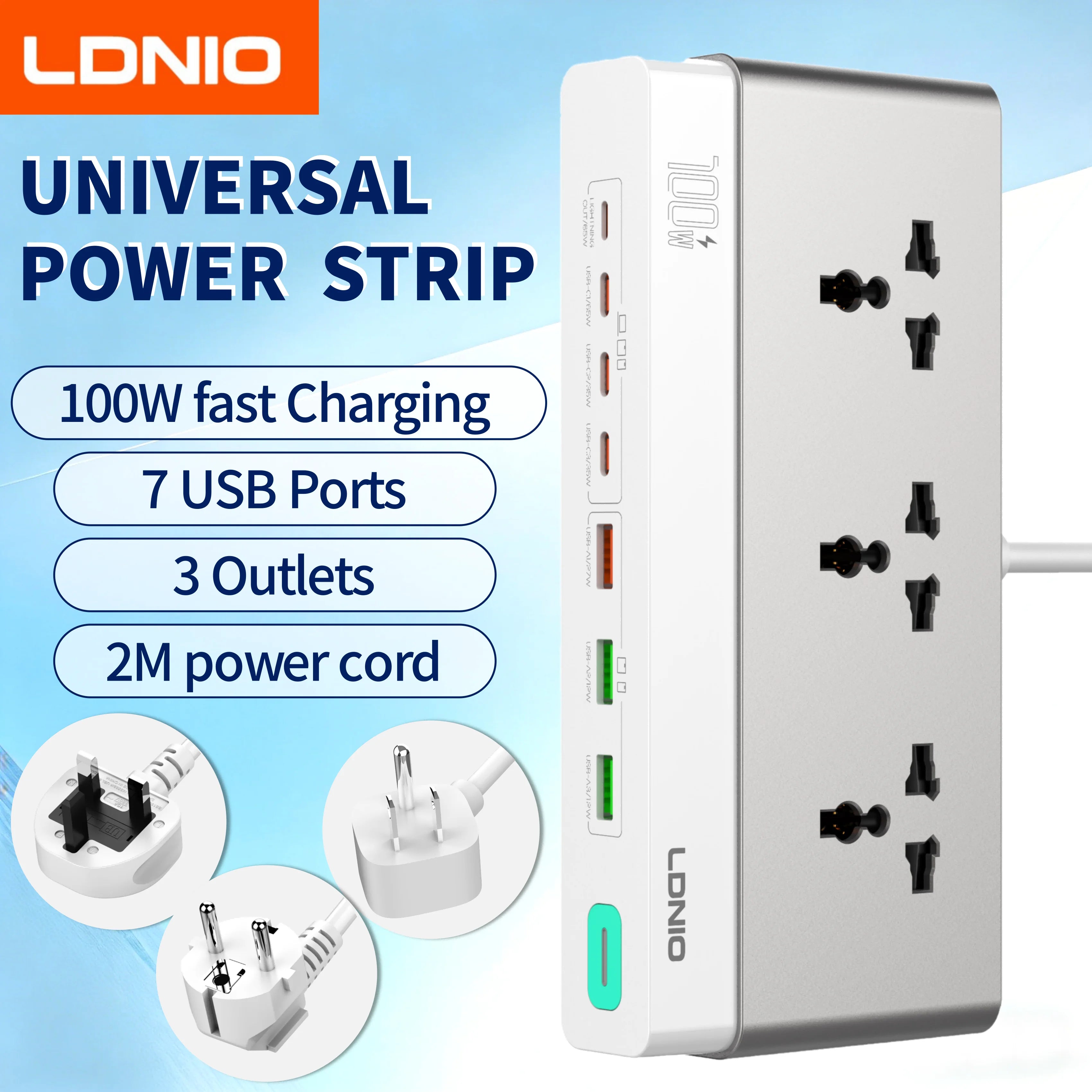 LDNIO 100W Desktop Power Strip – Universal AC Outlet with 65W USB-C Fast Charging & 2500W Power Station