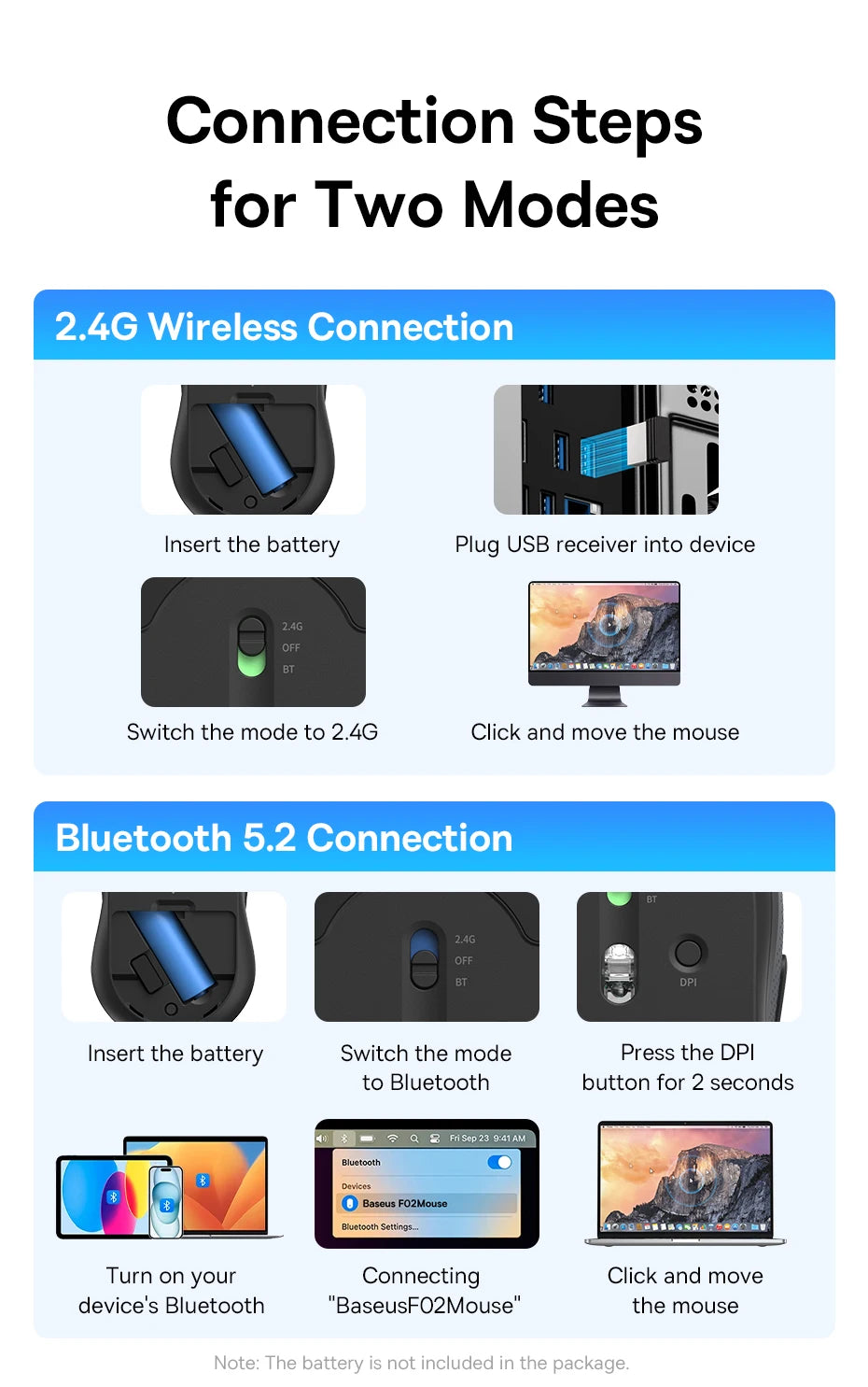 Baseus F02 Wireless Mouse – Ergonomic & Bluetooth